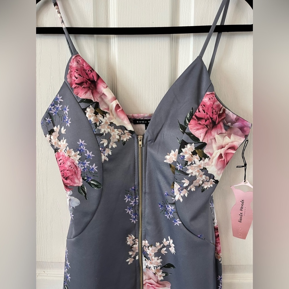 NWT Haute Monde Gray & Pink Floral full zip up mini dress, Bodycon Large 8-10 - Picture 5 of 15